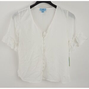 New CeCe Women's M White Ruffle Sleeve Crepe Semi-Sheer V-Neck Button Up Blouse